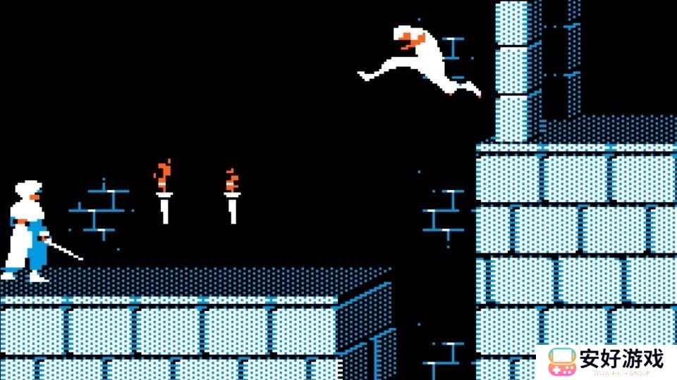 Apple II 版《波斯王子》中，王子跳向一名守卫。