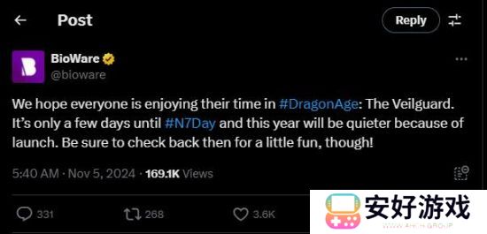 N7日临近 BioWare强调不会有《质量效应5》的重大更新内容发布